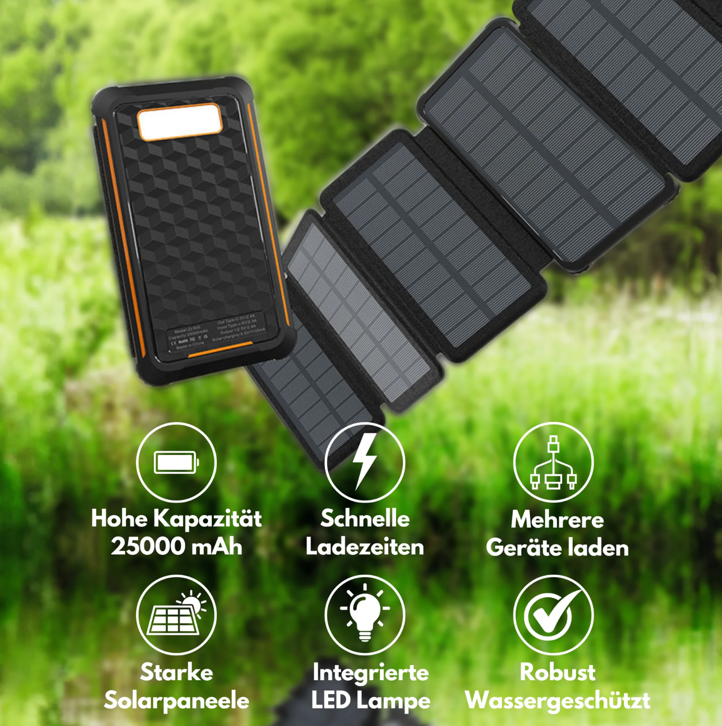 Ausverkauf: Solar Powerbank Extreme 2.0 - 6 faltbare Panels - USB-C Fast Charging Testsieger mit 25000mAh