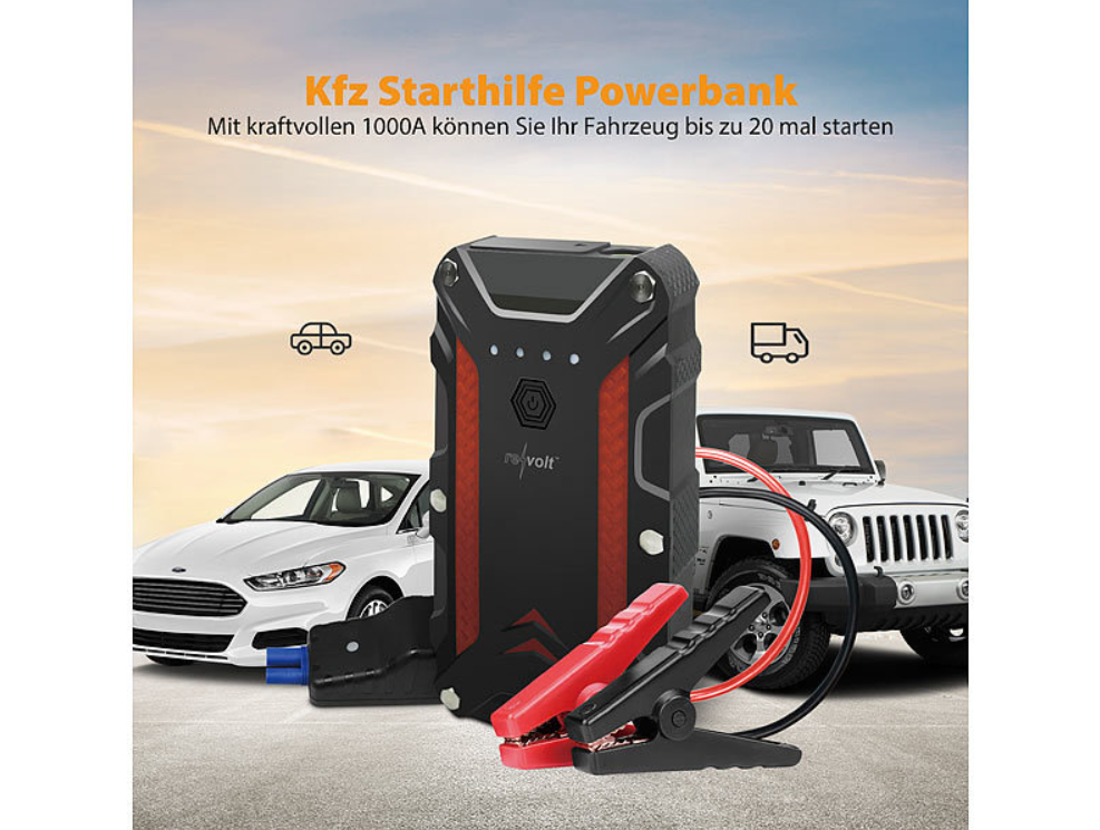 Ausverkauf: 2 in 1 : Powerbank und Kfz-Starthilfe - 12 Ah - 1.200 A - Powerstation - Notstrom - Notstarter - Autostarter - Autostarthilfe - Starthelfer - Notstarthelfer - Autostark - Notstromversorgung