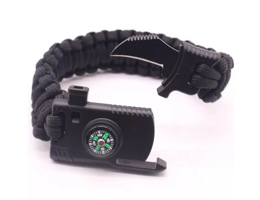 Daugiafunkcinė avarinė apyrankė su peiliu, signaliniu švilpuku, kompasu ir titnagu - išgyvenimo apyrankė - avarinė apyrankė - orientacija į avarinę situaciją/avarinis gaisras - lauko apyrankė - juoda