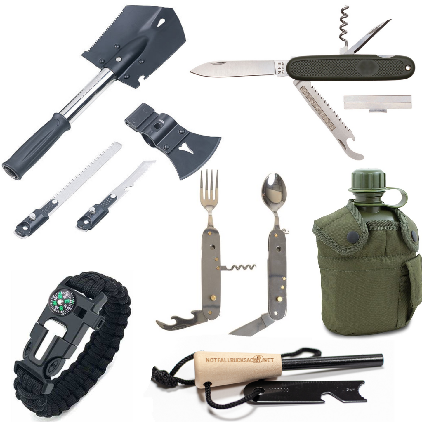 Männer Outdoor Geschenkeset-groß: Feuerstahl, 6-1 Multi Tool, Klappmesser & Notfallarmband, Wasserflasche