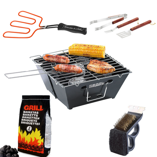 Mini-Grill Geschenkset Starterkit mit Grill, Kohle, Zange & Bürste