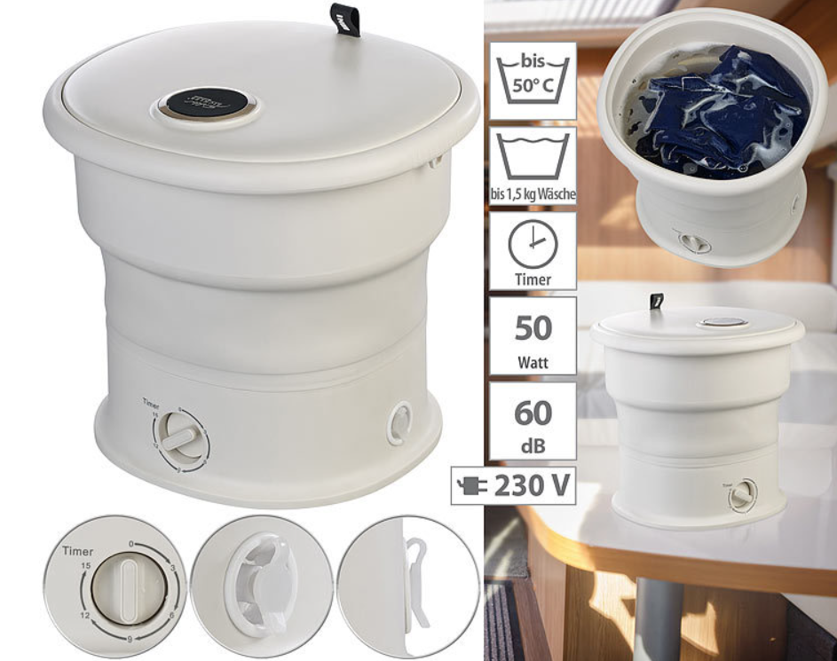 Sulankstoma mini skalbimo mašina - stovyklavimo skalbimo mašina - lauko skalbimo mašina avarinė skalbimo mašina - iki 1,5 kg - 50 W - pulsatorius, laikmatis
