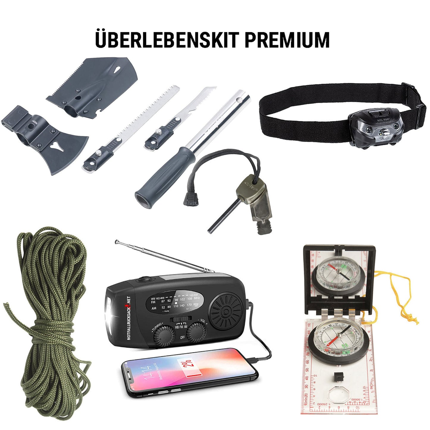 Emergency Backpack Premium – pilnas išgyvenimo rinkinys su saulės radiju