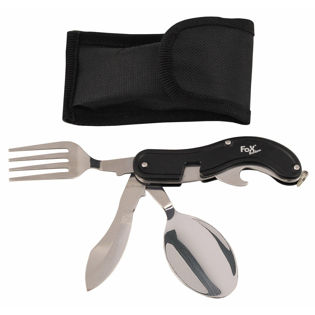 Kišeninio peilio stalo įrankiai 4 viename sukomplektuoti stalo įrankiai peilis šakutė šaukštas butelių atidarytuvas gali būti išardomas į 2 dalis, kad būtų galima naudoti