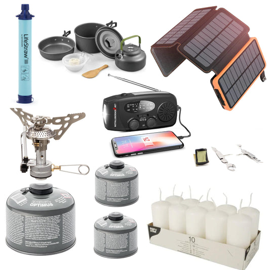 Maitinimo trikčių paketas Premium Blackout komplektas - su dujine virykle, virimo rinkiniu, stalo įrankiais, saulės baterija, vandens filtru, žvakėmis ir daug daugiau
