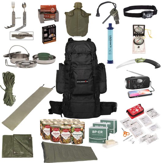 Emergency Backpack Premium Extended (dvigubas maisto davinys) – pilnas išgyvenimo rinkinys su saulės radiju
